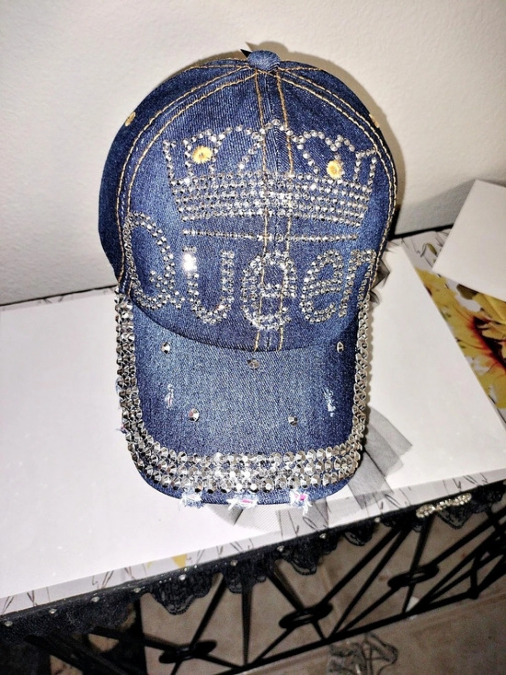 Rhinestone Denim-Style Baseball Cap in Blue & Silver